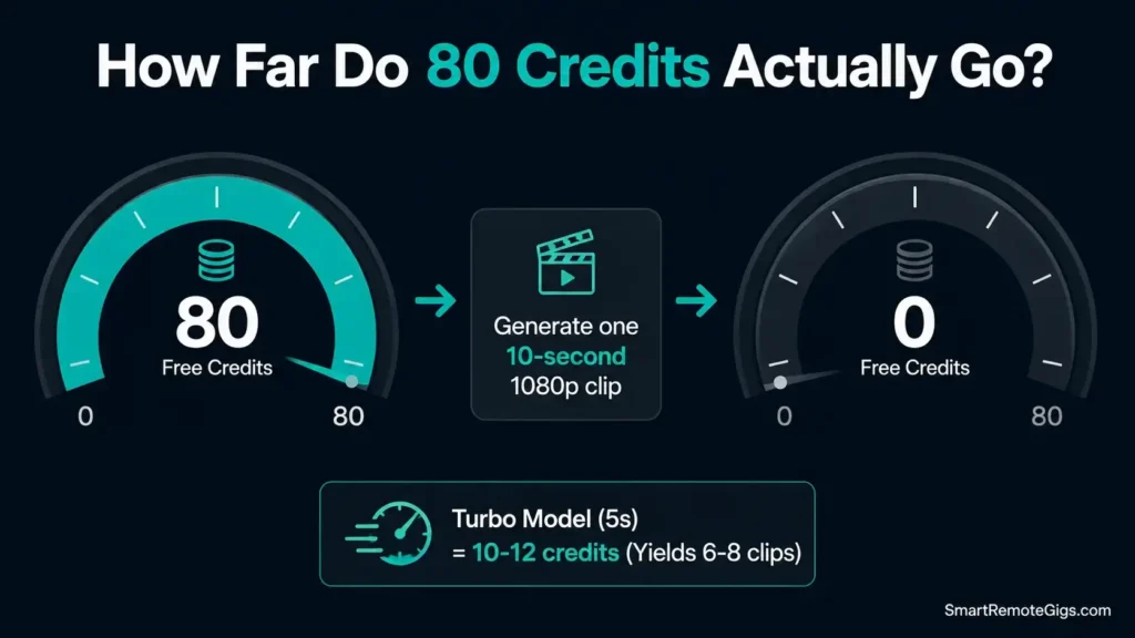 Data visualization showing how fast 80 credits are consumed on the Pika Labs free tier when generating a 10-second 1080p video.