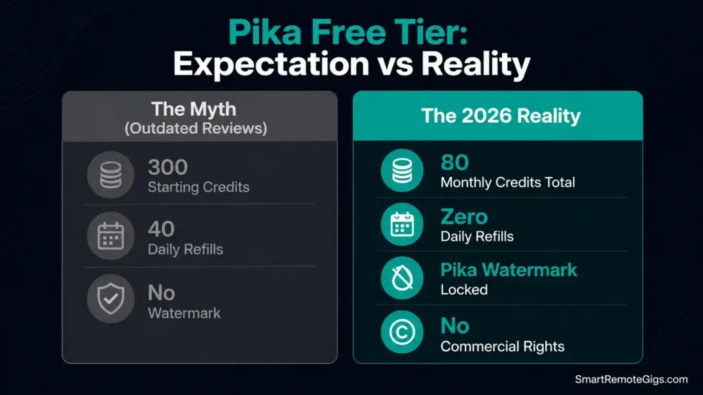 An infographic comparing what users expect from the Pika Labs free plan versus the reality of 80 monthly credits, watermarks, and no commercial rights.