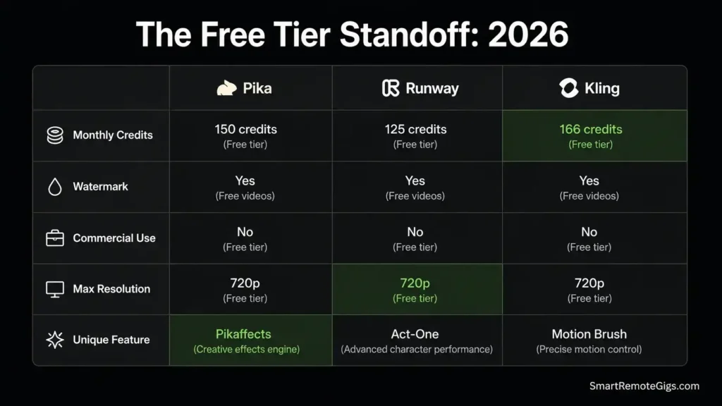 A comparison table showing the free tier limits, credits, and watermark policies for Pika Labs, Runway ML, and Kling AI in 2026.