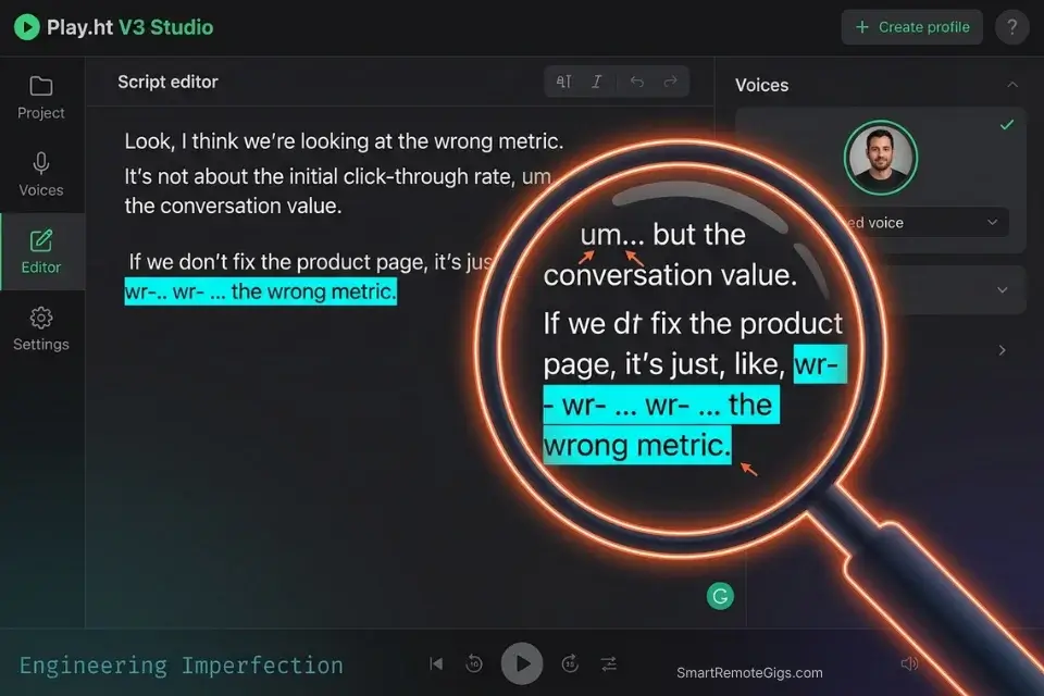 Screenshot of Play.ht text editor showing how to script conversational fillers like um and ah to make an AI voice generator sound human.