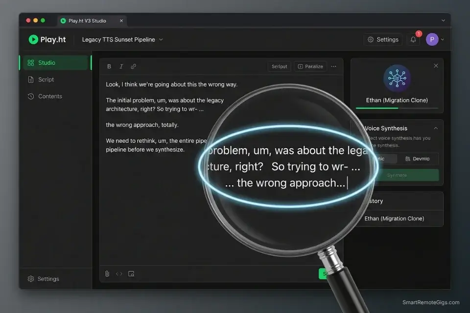 Screenshot of the Play.ht text editor demonstrating how to script conversational fillers and stutters for realistic podcast voice cloning.