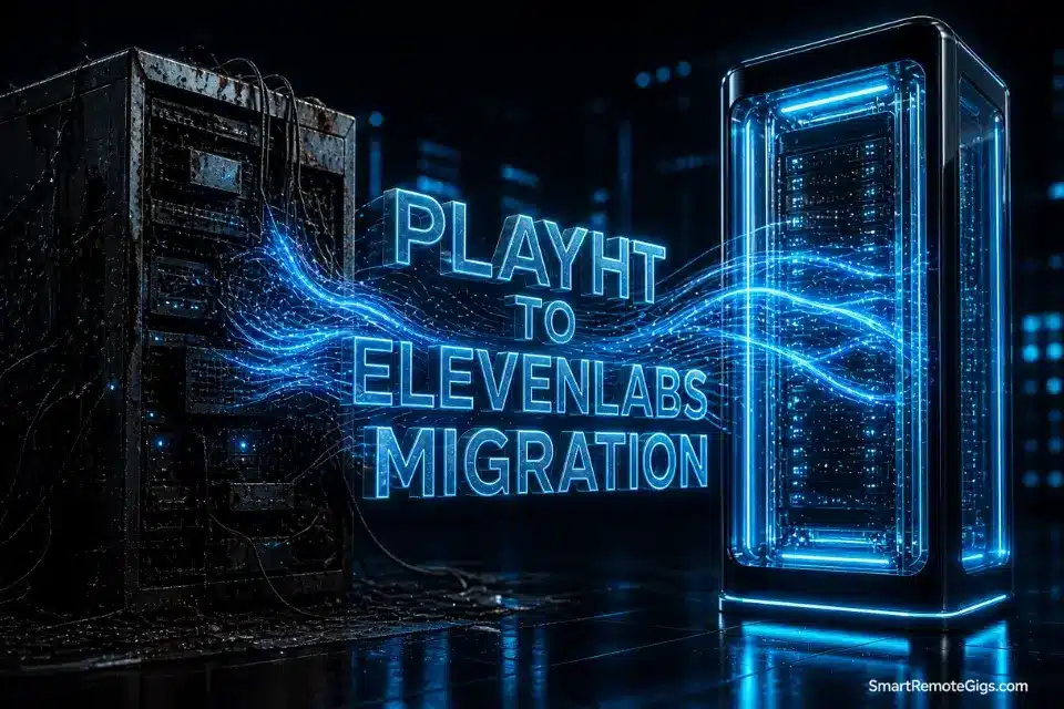 3D rendering representing a playht to elevenlabs migration guide, showing data migrating from an old server to a modern AI infrastructure.