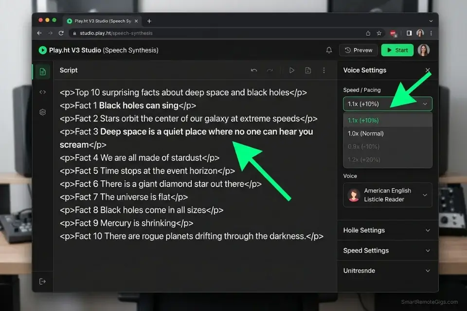 Screenshot of the Play.ht V3 studio showing rapid-fire listicle pacing with comma removal and increased speed parameters.