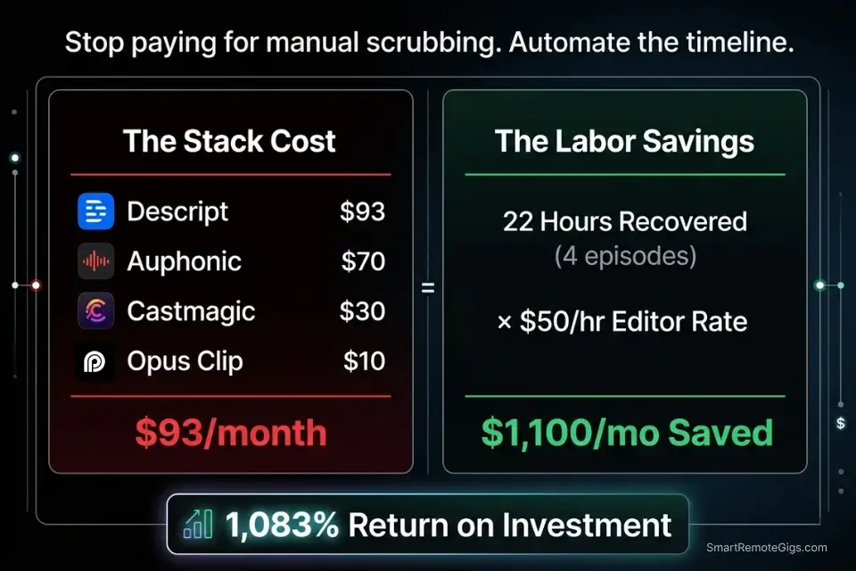 Financial infographic calculating the 1,000%+ return on investment for podcasters replacing manual editing with an AI production stack.