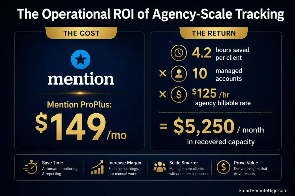Financial breakdown showing the 35x return on investment for PR agencies using Mention for automated multi-workspace reporting.