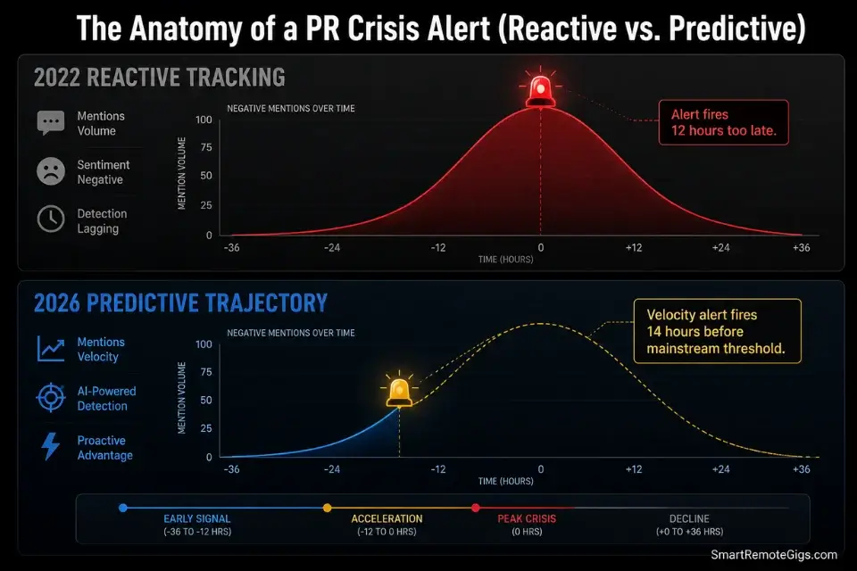 Data graph comparing reactive social listening alerts versus predictive sentiment trajectory for B2B PR crisis management.