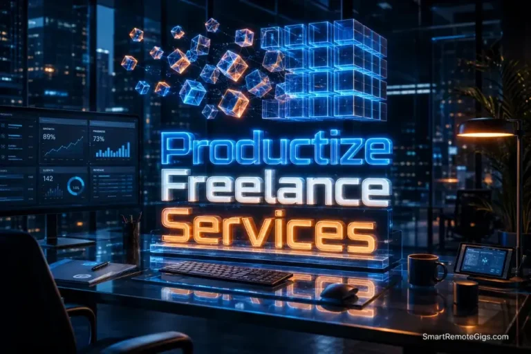 Cinematic 3D illustration of geometric blocks organizing into a grid, representing how to productize freelance services for scalable income in 2026.