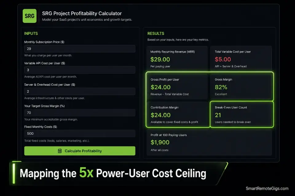 Real screenshot of the SRG Profitability Calculator proving the 80% margin rule for how to price a micro saas.
