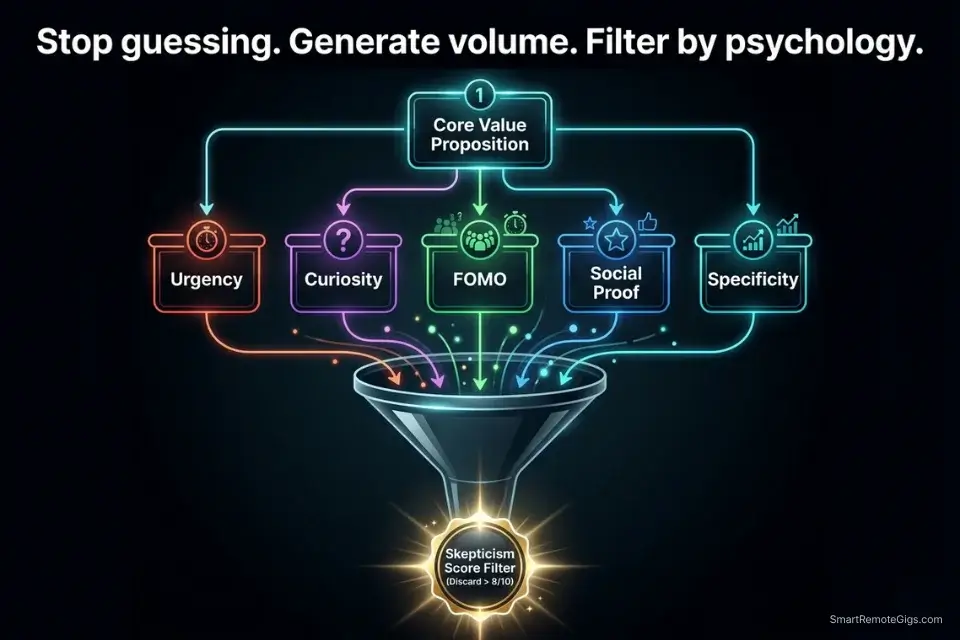 Infographic detailing a 5-part psychological framework for generating and A/B testing copywriting headlines using AI.