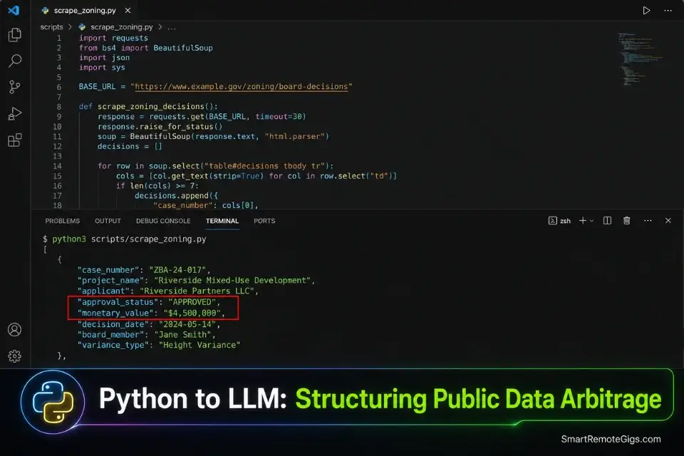 Real screenshot of a Python terminal using OpenAI to structure scraped regulatory data for AI micro saas ideas.