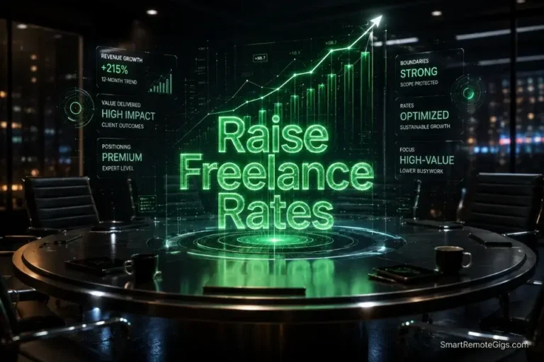 Cinematic 3D illustration of ascending holographic graphs on a titanium desk, representing the exact scripts and math used to raise freelance rates in 2026.