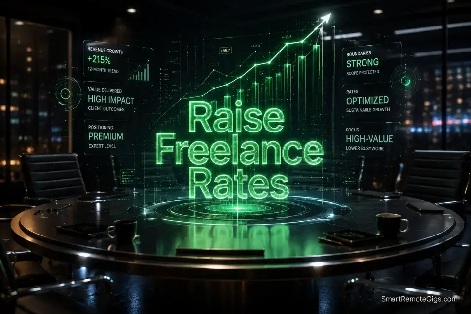 Cinematic 3D illustration of ascending holographic graphs on a titanium desk, representing the exact scripts and math used to raise freelance rates in 2026.