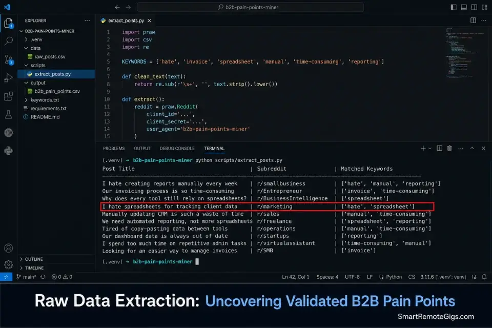 Real screenshot of a Python terminal executing a Reddit scraping script to learn how to find micro saas ideas from B2B complaints.