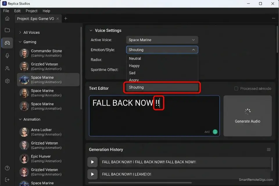 Screenshot of the Replica Studios AI voice interface showing high-emotion shouting tags and ALL CAPS text for video game character generation.
