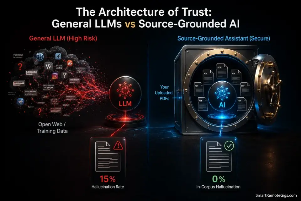 Diagram explaining the architectural difference and hallucination risks between general LLMs and source-grounded AI research assistants.
