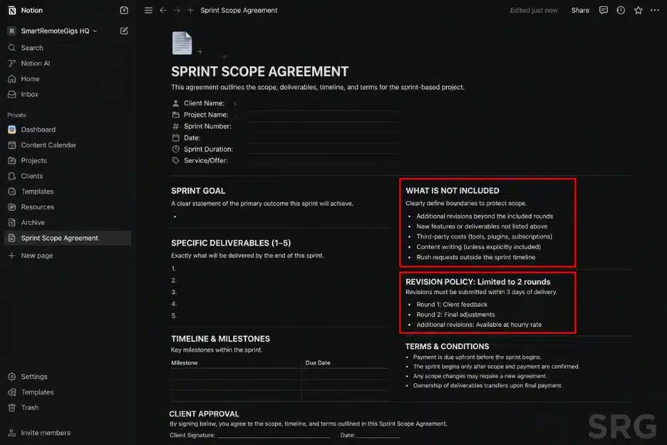 A real Notion screenshot of a freelance sprint scope document highlighting strict revision boundaries to prevent scope creep.