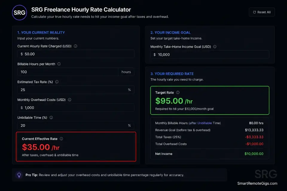 A screenshot of the SRG Freelance Hourly Rate Calculator showing the massive mathematical gap between legacy client pricing and actual market rates.