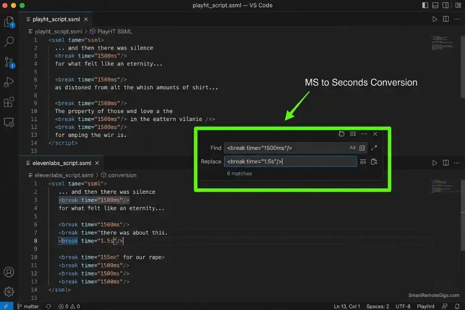 Screenshot of VS Code showing a regex find and replace script to convert legacy SSML tags for the best AI voice generator platforms.