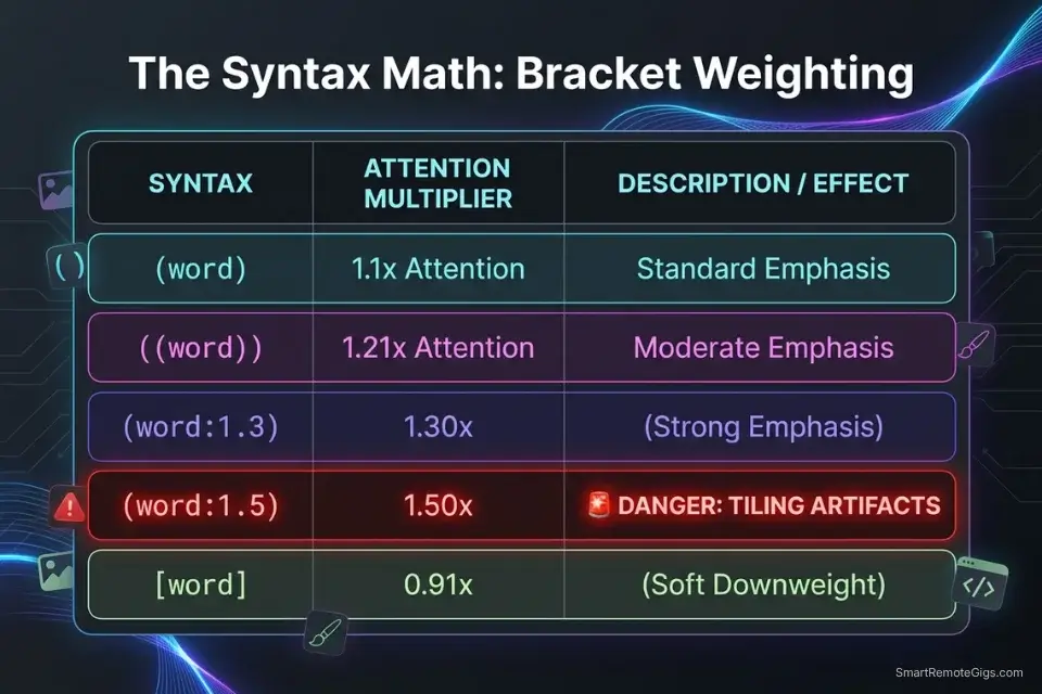 Stable Diffusion prompt bracket weighting cheat sheet showing the mathematical attention multipliers for tokens.