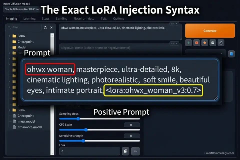 Stable Diffusion UI screenshot showing the exact placement of LoRA trigger words and mathematical weight tags in a prompt.