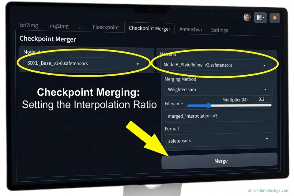 Stable Diffusion interface showing the Checkpoint Merger tool blending two AI models at a 30 percent interpolation ratio.