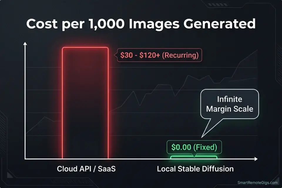 Bar chart comparing the recurring cost of cloud API generation against the zero marginal cost of generating AI images on local hardware.