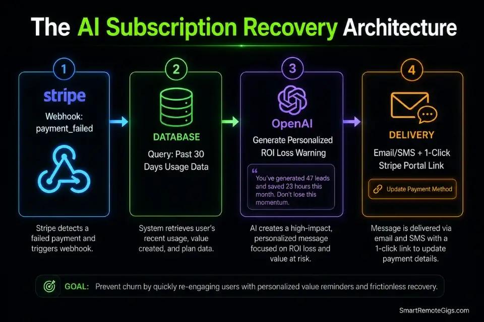 Flowchart detailing the technical architecture of an AI subscription recovery tool for micro saas founders.