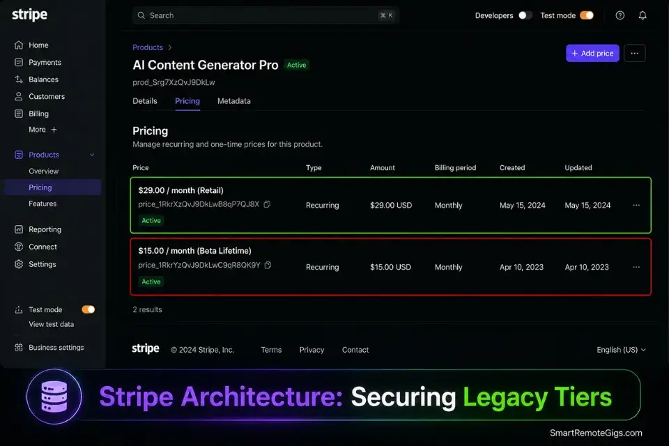 Real screenshot of Stripe Dashboard product pricing tiers configured for a grandfathered micro saas launch.