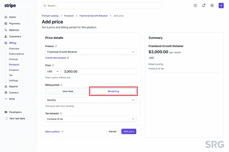 A Stripe billing dashboard screenshot showing how to configure automated monthly recurring payments for a freelance retainer package.
