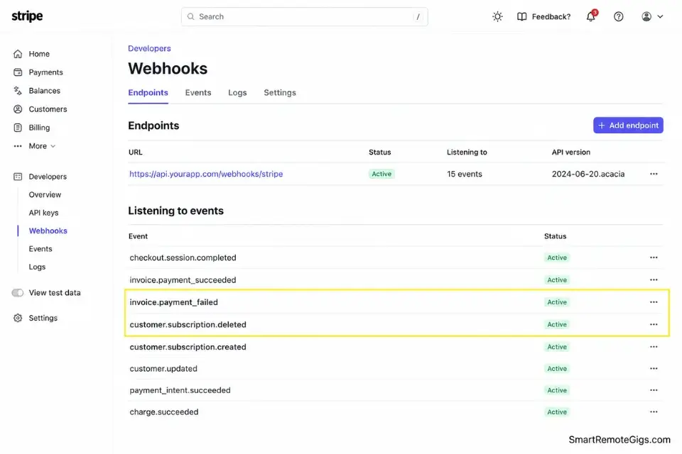Real screenshot of Stripe webhook configuration for managing payments when figuring out how to build a micro saas.