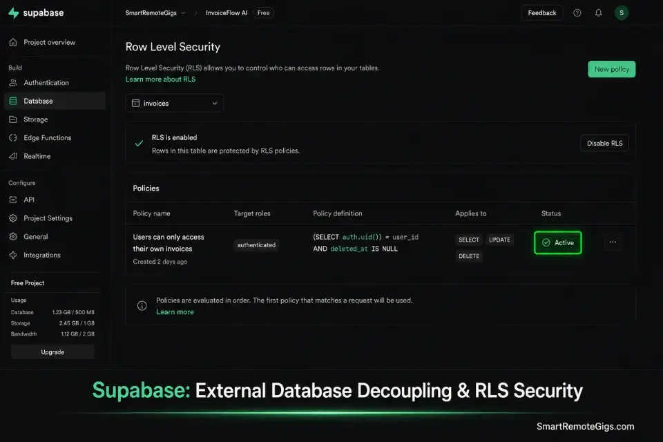 Screenshot of Supabase Row Level Security policies used to bypass vendor lock in on the best no code ai builders.