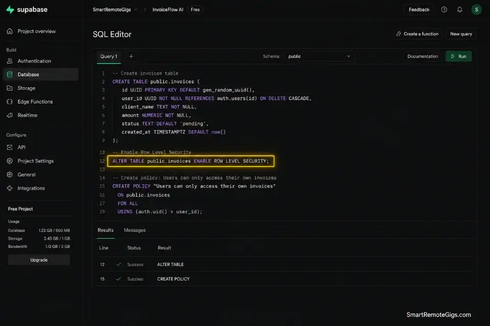 Real screenshot of Supabase Row Level Security policies, the superior backend choice in the no code vs low code debate.