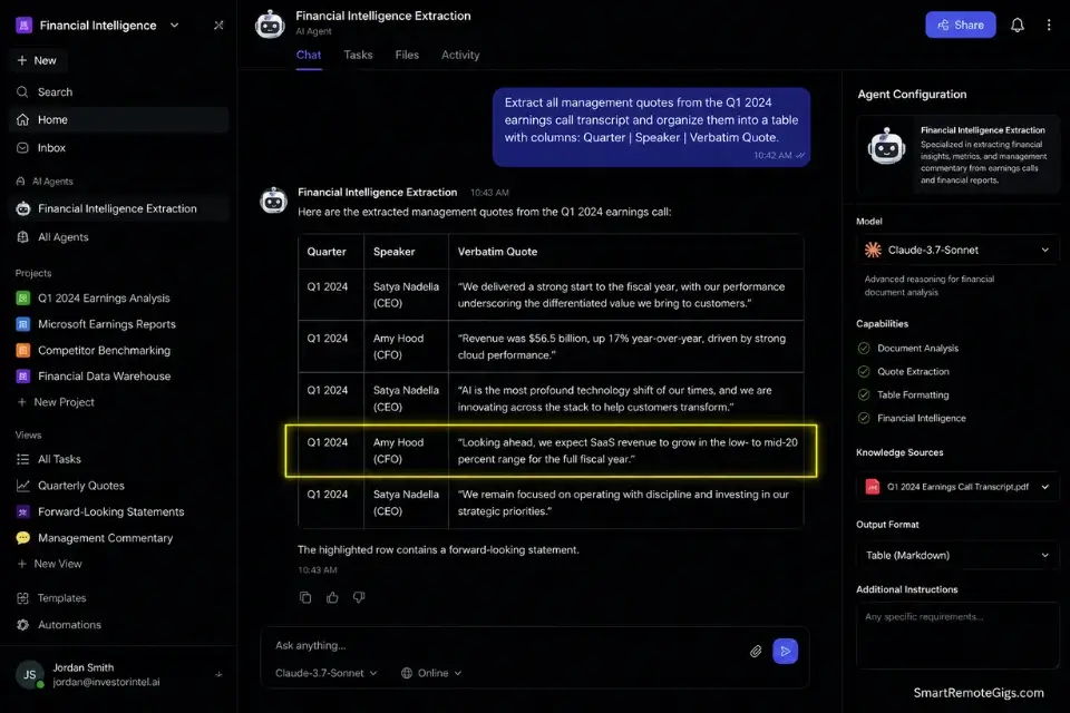 Real screenshot of Taskade AI agents running a multi-document extraction prompt to build a financial market sizing matrix.