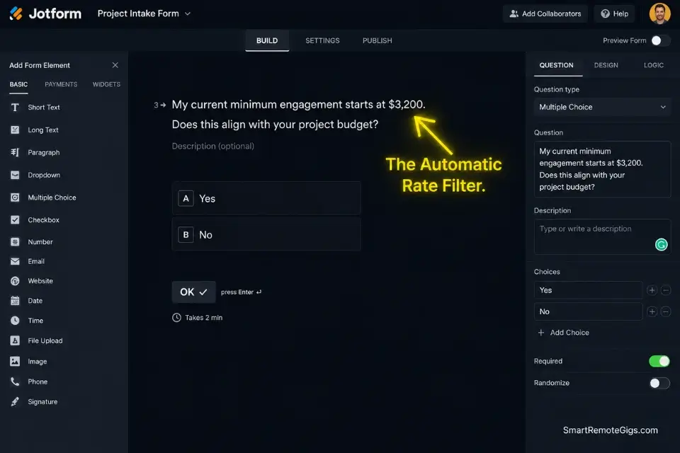 A real Typeform screenshot showing how to use an automated waitlist to filter inbound freelance leads against a new, higher rate floor.