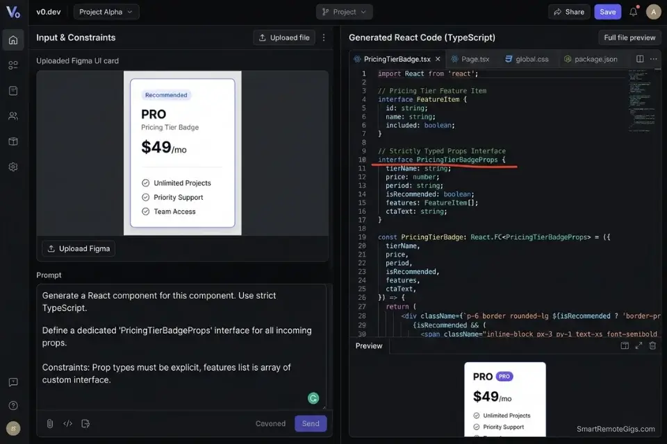A split-screen showing a Figma design being converted into a strictly-typed React component using v0.dev.