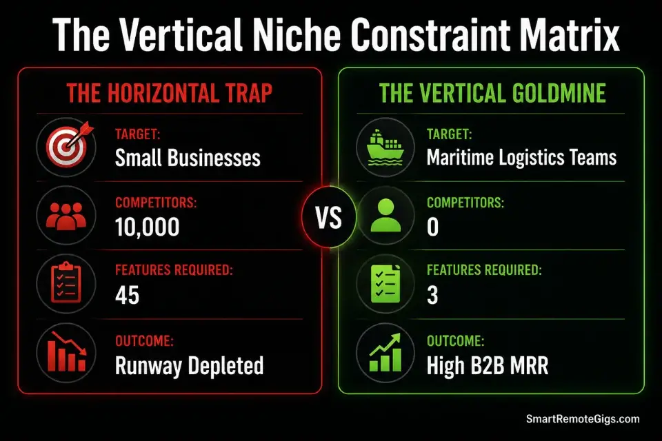 Infographic contrasting horizontal software against vertical niches when researching how to find micro saas ideas.