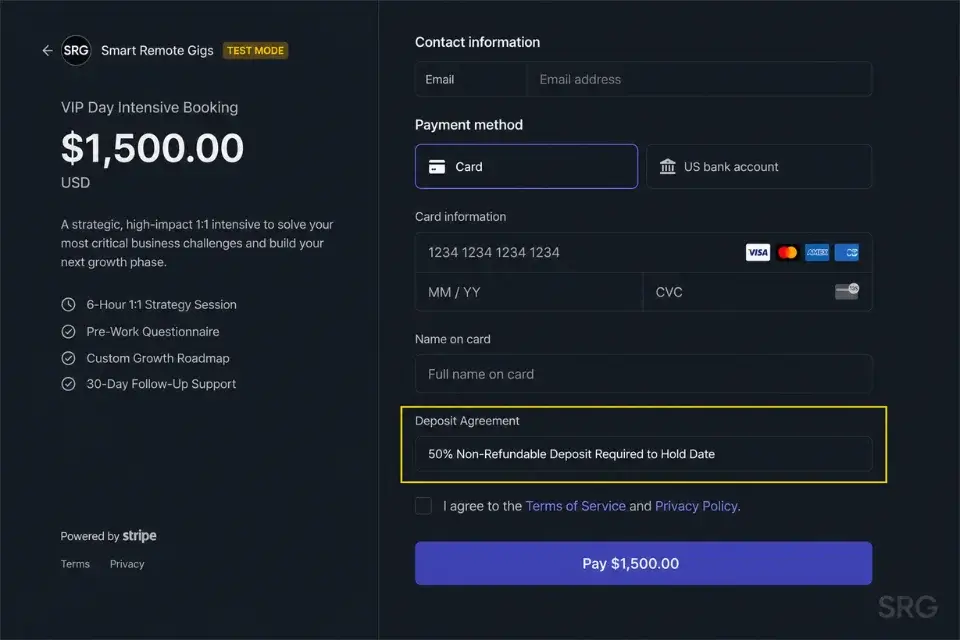 A real Stripe checkout screen demonstrating how to collect a 50 percent upfront deposit for a freelance VIP day.