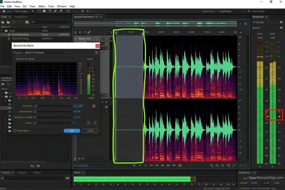 Screenshot of Adobe Audition showing a -60dBFS noise floor limit required for professional AI voice cloning.