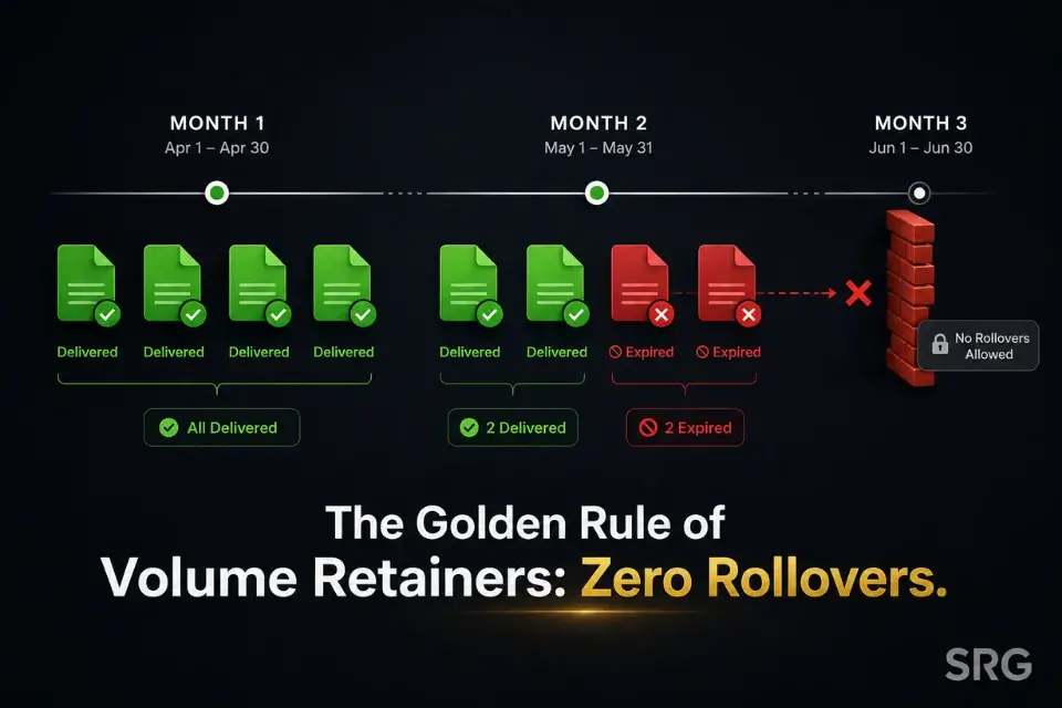 Diagram illustrating the critical Use It Or Lose It policy for freelance retainer packages to prevent an unmanageable content backlog.