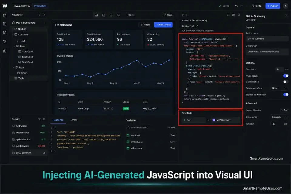 Real screenshot of WeWeb custom JavaScript editor bridging the gap in a no code vs low code tech stack.