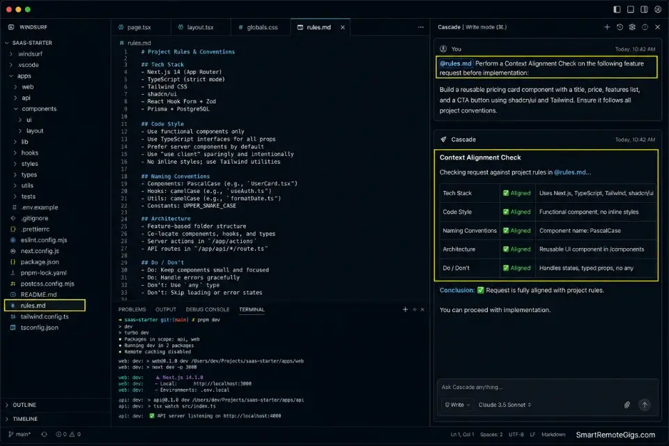 Real screenshot of Windsurf's Cascade agent utilizing a rules.md file to resolve context rot in an AI code editor.