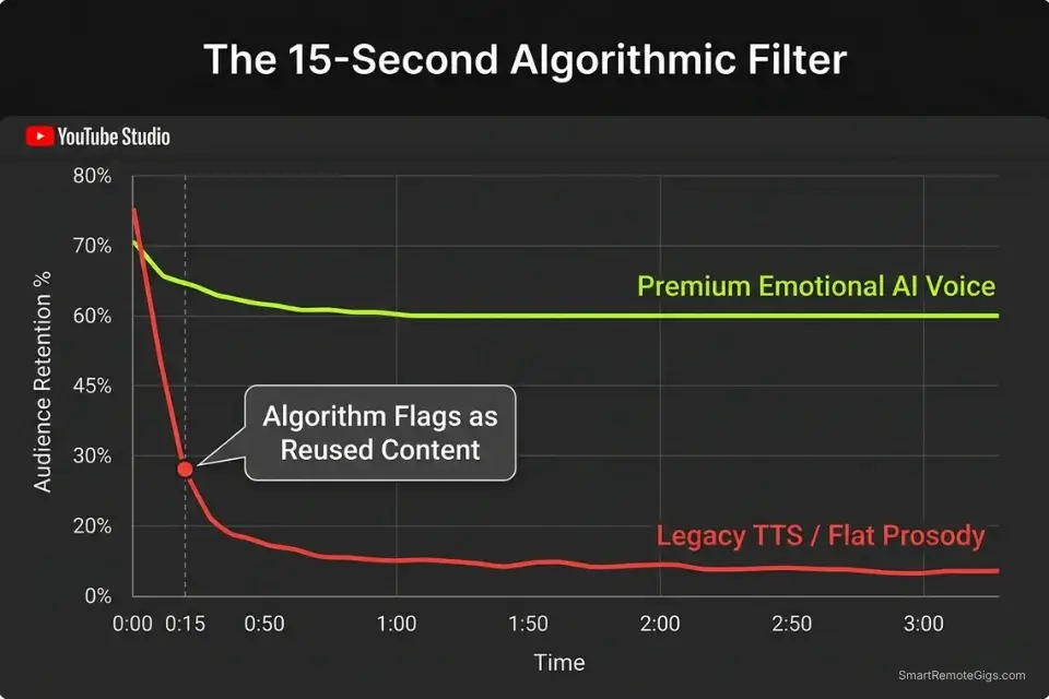 Audience retention graph comparing the fast drop-off of legacy TTS against the sustained watch time of the best AI voice for faceless YouTube channels.