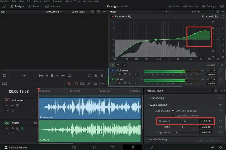 Screenshot of Adobe Premiere Pro showing EQ boosting and audio ducking parameters to balance an AI voiceover with background music.