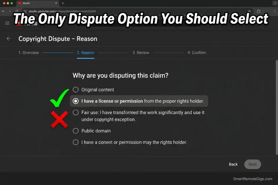 Screenshot of YouTube Studio Content ID dispute process highlighting the license option to protect an AI voice generator channel from strikes.