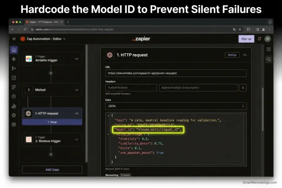 Screenshot of an automated Make.com workflow showing the JSON payload required to route text to the ElevenLabs API.