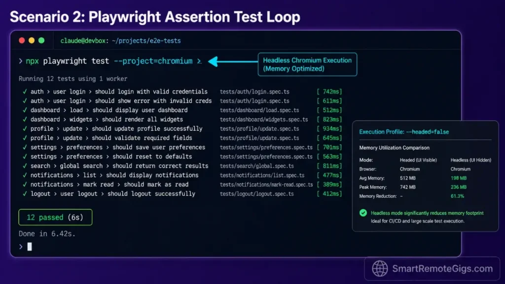 Screenshot of a terminal execution demonstrating a generated Playwright test suite running cleanly inside a sandboxed CLI container.