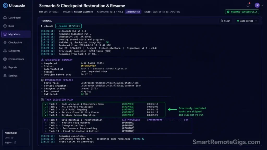 Screenshot of a terminal session executing the Claude Code resume command to restore a parallel run progress state from a local checkpoint database.