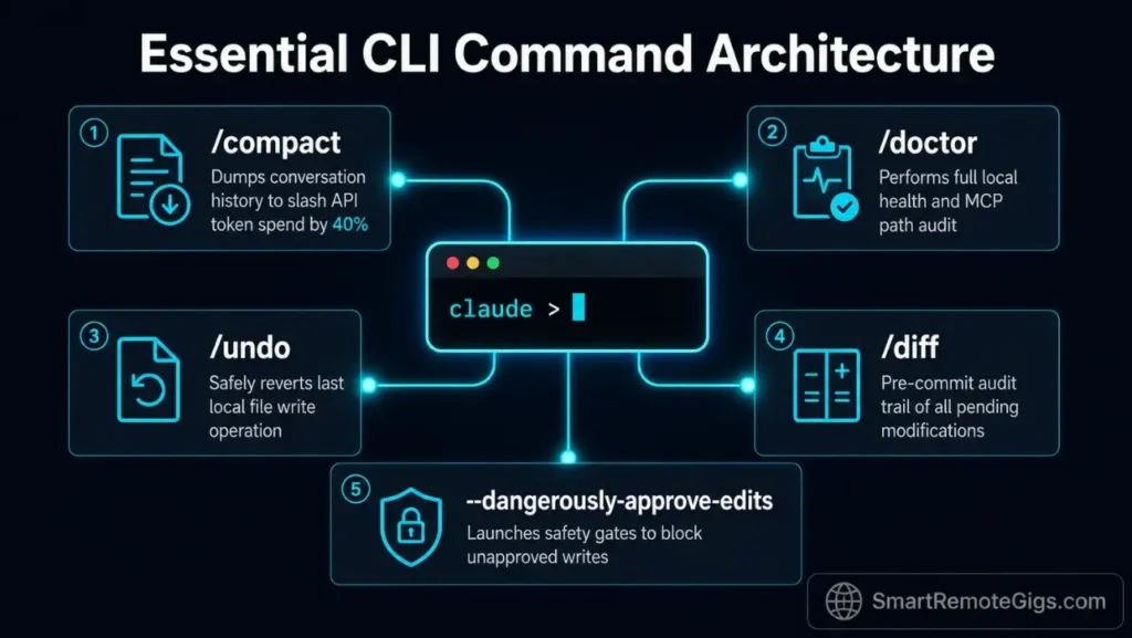 Claude Code commands cheatsheet diagram highlighting active slash commands for token optimization, safety parameters, and system diagnostics.