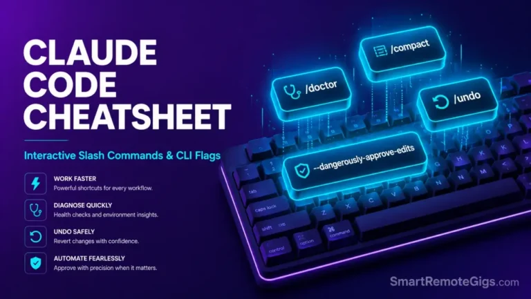 Claude Code commands cheatsheet hero image showing developer terminal keyboard elements and interactive slash command overlays.