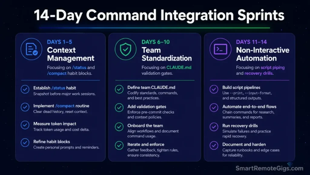 Sprints timeline mapping the 14-day training plan to master Claude Code slash commands, workspace configuration rules, and script automation pipelines.
